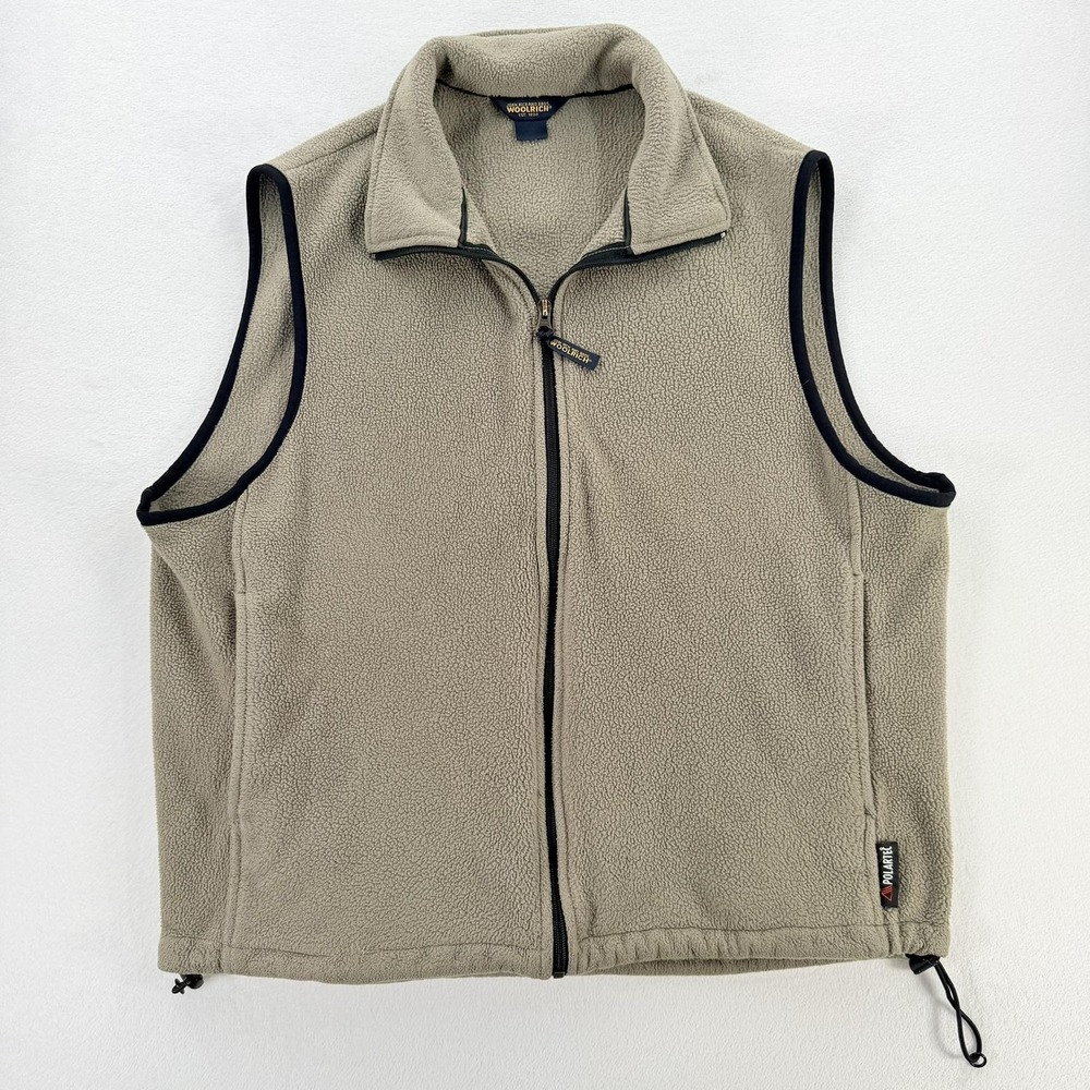 Woolrich Fleece Vest Mens Large Beige Full Zip Polartec Lined Pockets Outdoor
